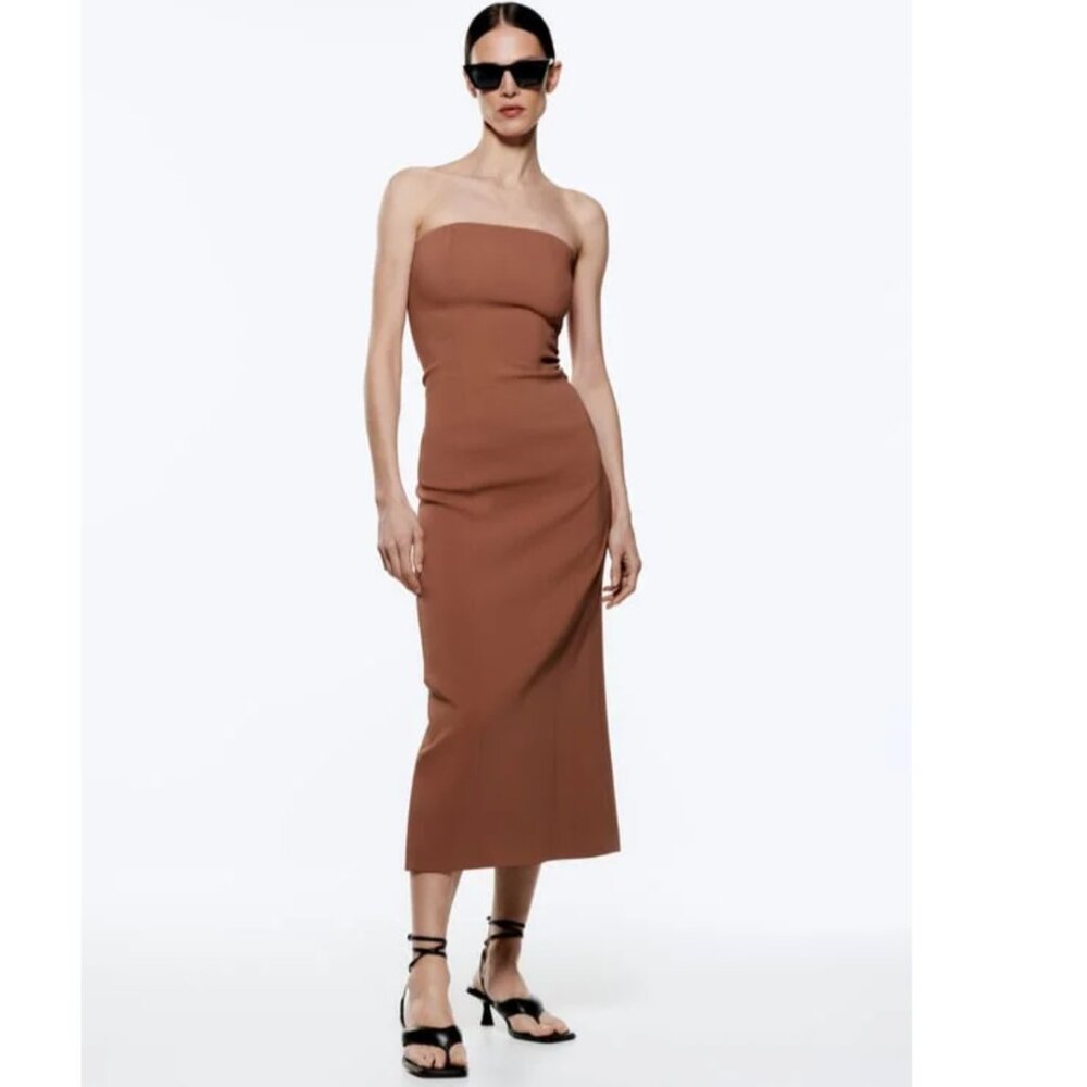 Zara Brown MIDI Bustier Dress strapless Bodycon NWT